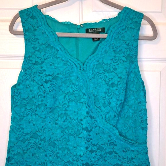 Lauren Ralph Lauren Turquoise Lace Overlay Sleeveless V Neck Dress Size 12 - Picture 3 of 7